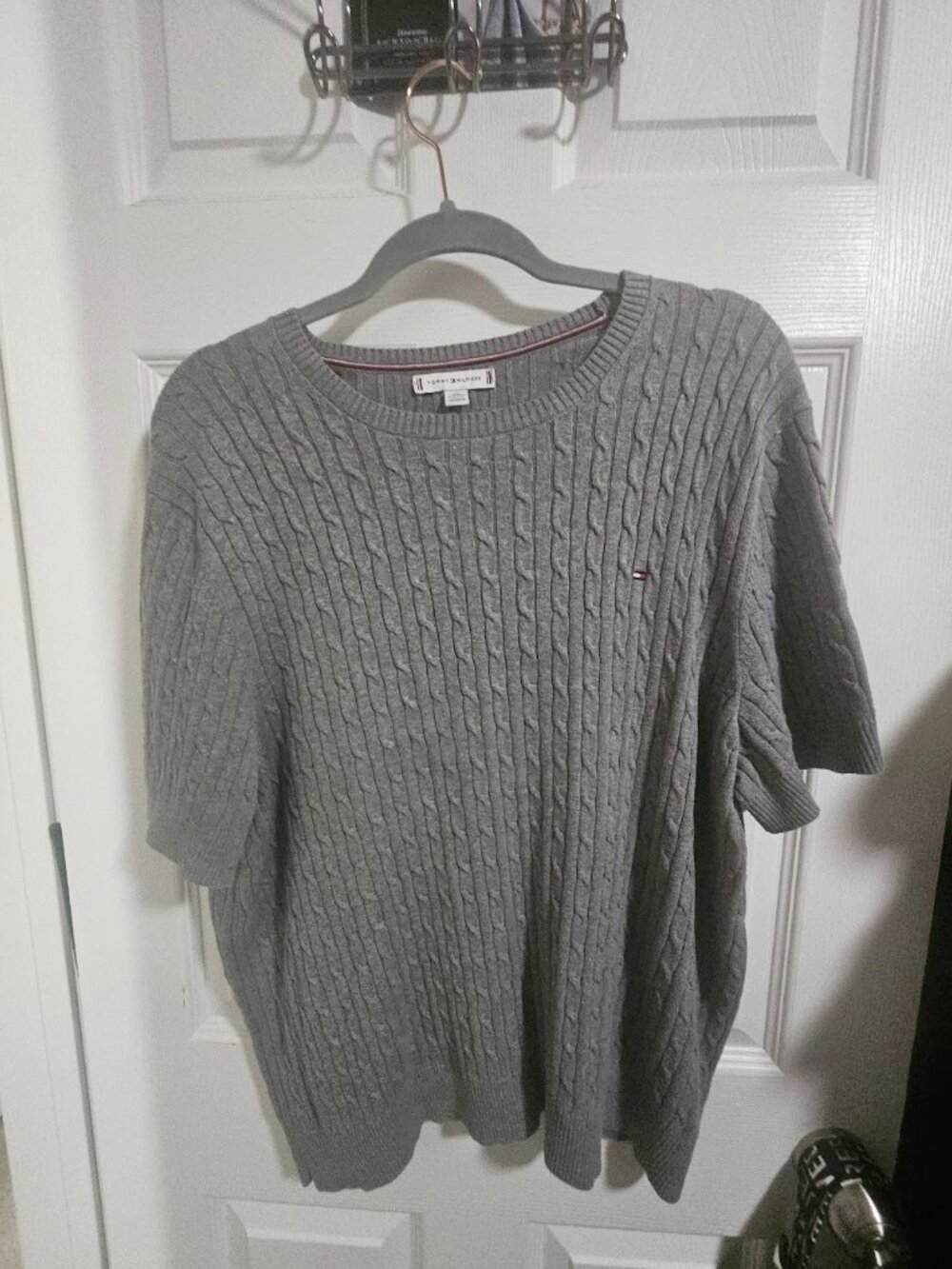 Tommy Hilfiger XXL Gray Cable-Knit Short-Sleeve Sweater